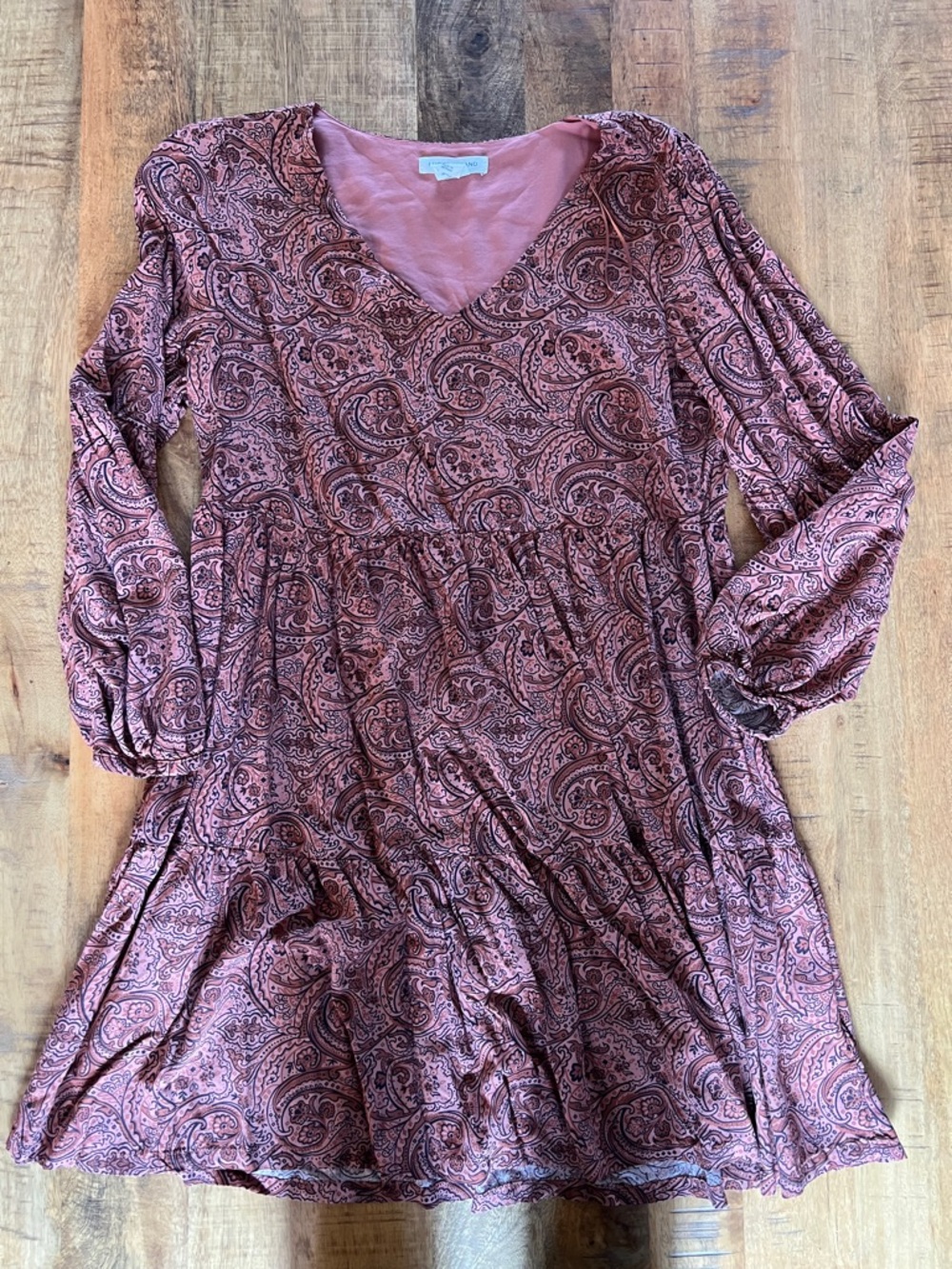 Lucky Brand Mauve Paisley V-Neck Tiered Long Sleeve Dress